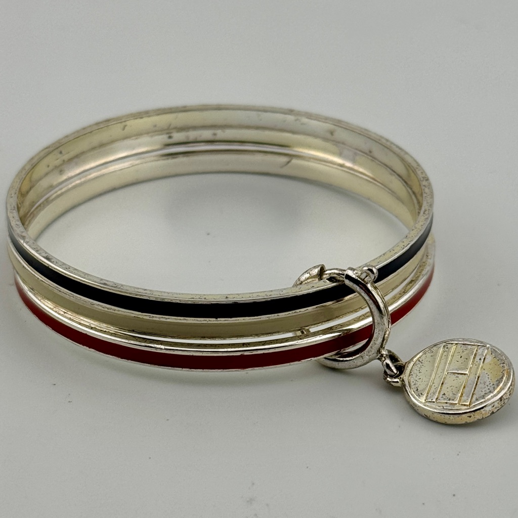 Vintage Tommy Hilfiger 3 Enamel Bangle Bracelet Set With Charm 15$